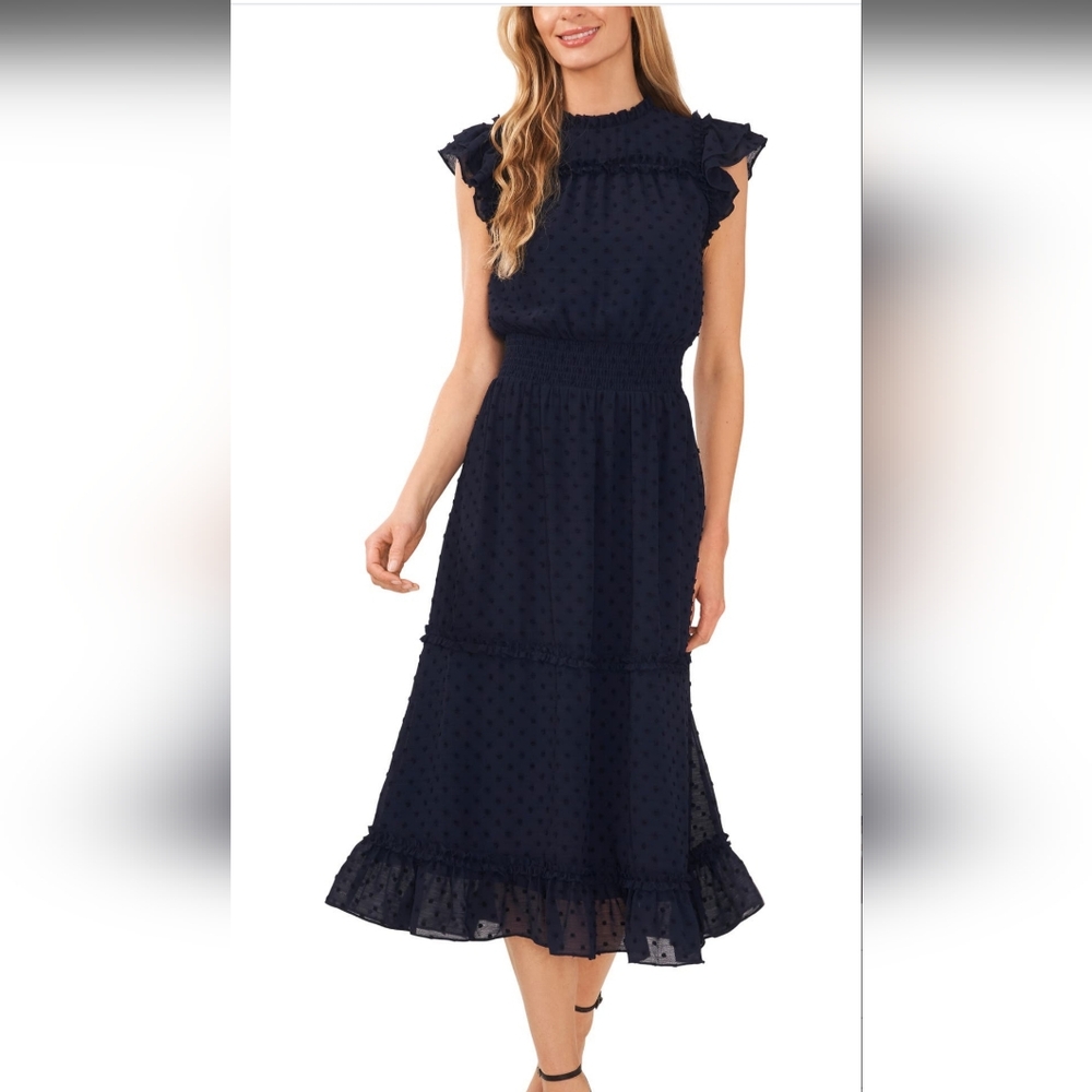 Cece Clip Dot Flutter Sleeve Midi Dress